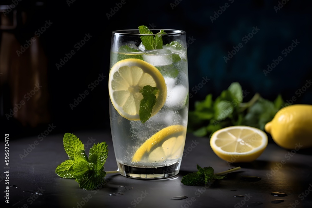 A refreshing glass of lemonade garnished with slices of fresh lemons and sprigs of mint. Generative Ai. A refreshing glass of lemonade garnished with slices of fresh lemons and sprigs of mint. Generative Ai.