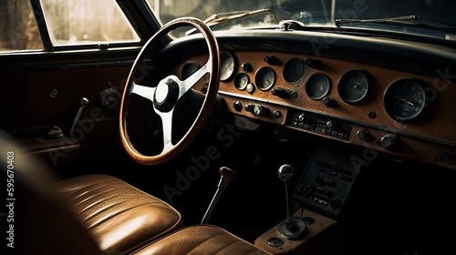 Luxurious leather interior of a retro car control panel. Al generated