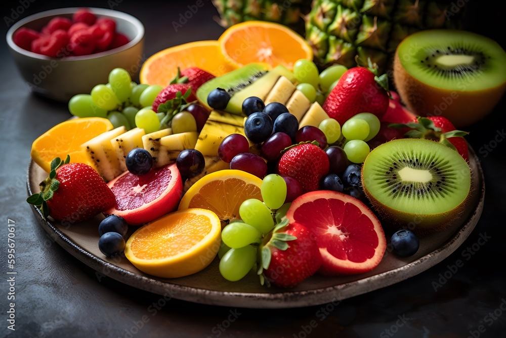A tantalizing shot of a colorful fruit platter with juicy slices of watermelon, pineapple, and kiwi. Generative Ai. A tantalizing shot of a colorful fruit platter with juicy slices of watermelon, pineapple, and kiwi. Generative Ai.
