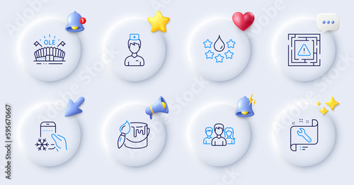 Doctor, Spanner and Teamwork line icons. Buttons with 3d bell, chat speech, cursor. Pack of Refrigerator app, Maze attention, Brush icon. Quality, Sports arena pictogram. For web app, printing. Vector