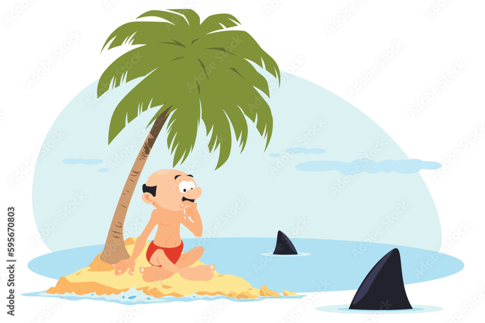 Man on desert island surrounded by sharks. Illustration for internet and mobile website.