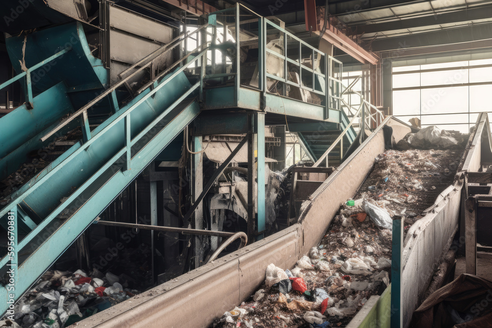 Recycling plant. Conveyor belt with pile of waste. Sorting garbage factory. Created with Generative AI