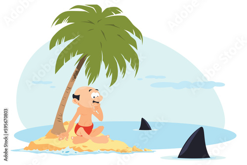 Man on desert island surrounded by sharks. Illustration for internet and mobile website.