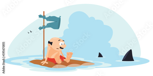 Man on raft surrounded by sharks. Illustration for internet and mobile website.