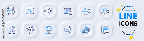 Settings blueprint, Tanning time and Fake news line icons for web app. Pack of Inspect, Puzzle, Fishing pictogram icons. Growth chart, Discount message, Scissors signs. Message, Card. Vector