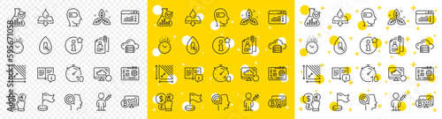 Outline Timer, Water resistant and Info line icons pack for web with Time, Chemistry lab, Manual line icon. Web traffic, Milestone, Bitcoin chart pictogram icon. No alcohol. Vector