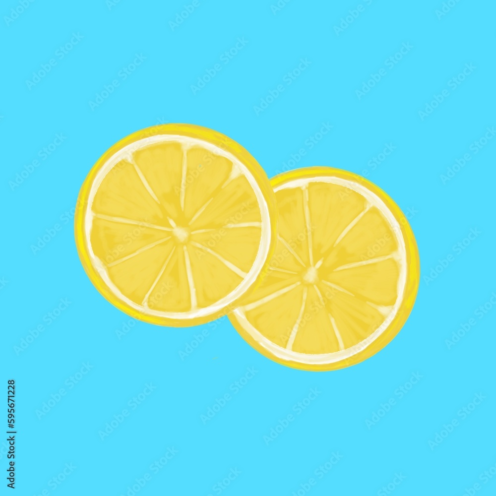 Limones en rodajas en un fondo azul celeste. Dos rodajas de limón, fruta tropical amarilla. Ilustración de cítricos. Limones en rodajas en un fondo azul celeste. Dos rodajas de limón, fruta tropical amarilla. Ilustración de cítricos.