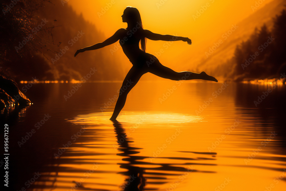 silhouette of a woman doing yoga in front of a sunset in a serene setting