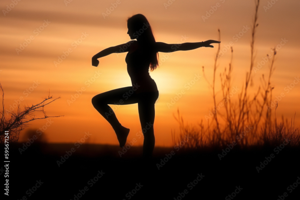 silhouette of a woman doing yoga in front of a sunset in a serene setting silhouette of a woman doing yoga in front of a sunset in a serene setting