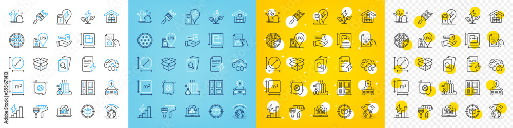 Vector icons set of Paint roller, Wholesale goods and Cogwheel line icons pack for web with Realtor, Power certificate, Greenhouse outline icon. Cable section, Consumption growth. Vector