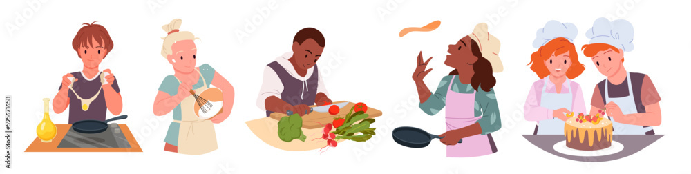 Kids cook set vector illustration. Cartoon cute funny boys and girls in chefs apron and hat cooking gourmet pancake, eggs and vegetables, young happy bakers characters bake cake in home kitchen Kids cook set vector illustration. Cartoon cute funny boys and girls in chefs apron and hat cooking gourmet pancake, eggs and vegetables, young happy bakers characters bake cake in home kitchen