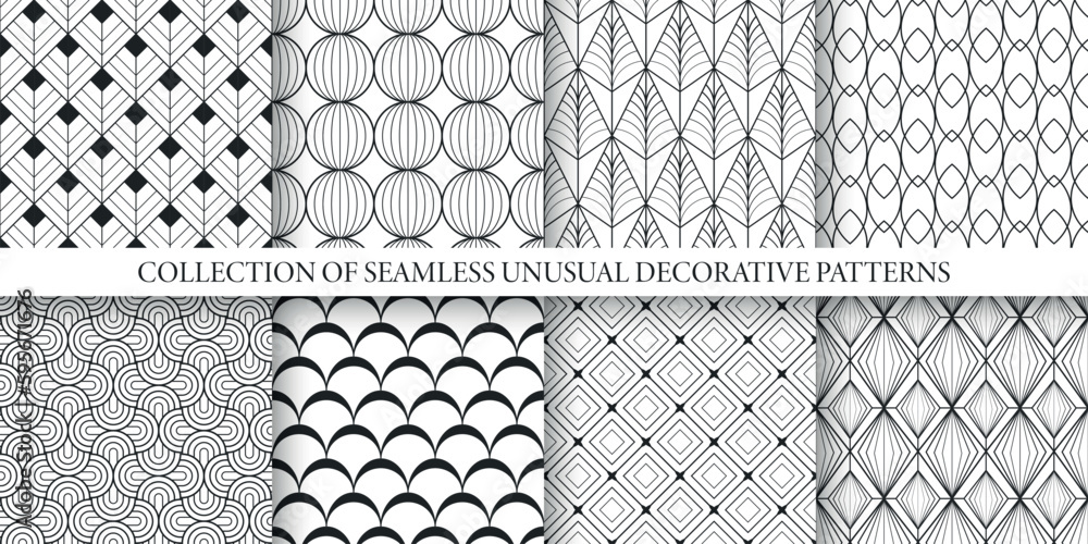 Collection of black and white ornamental seamless vector geometric patterns. Elegant endless art deco ornate backgrounds. Repeatable monochrome fabric prints.