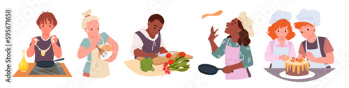 Kids cook set vector illustration. Cartoon cute funny boys and girls in chefs apron and hat cooking gourmet pancake, eggs and vegetables, young happy bakers characters bake cake in home kitchen