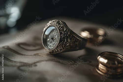 Wedding rings and clock symbolize the wedding time. An ideal image for weddings and relationships. Generative AI