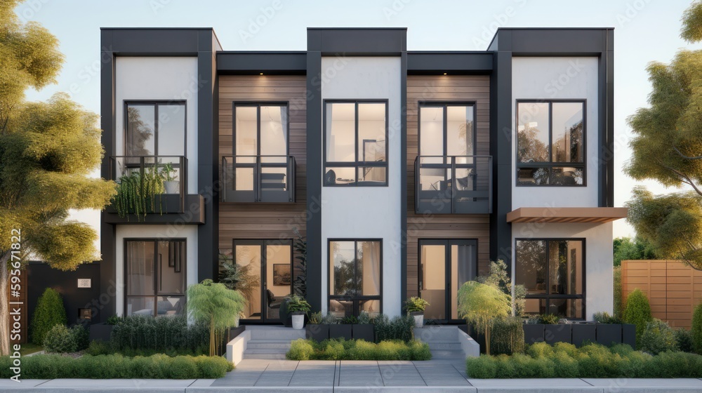 Townhouse exterior house design in daytime golden hour generative ai Stock Illustration | Adobe Stock This stock illustration features a beautiful townhouse exterior design captured during the golden hour of daytime. The generative AI technology used to create this image perfectly showcases the intricate details of the architecture and the warm, golden lighting that highlights the charm and elegance of the townhouse.
