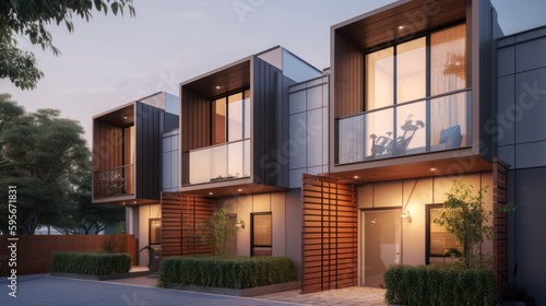 Townhouse exterior house design in daytime golden hour generative ai