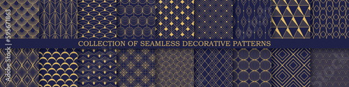Collection of art deco seamless geometric ornamental patterns - elegant blue and gold design. Repeatable oriental luxury backgrounds. Decorative royal prints.