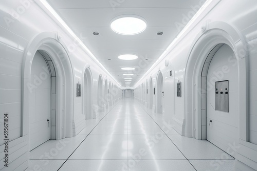 A white  undefined passage with no objects or people. Simple design  open space. Generative AI