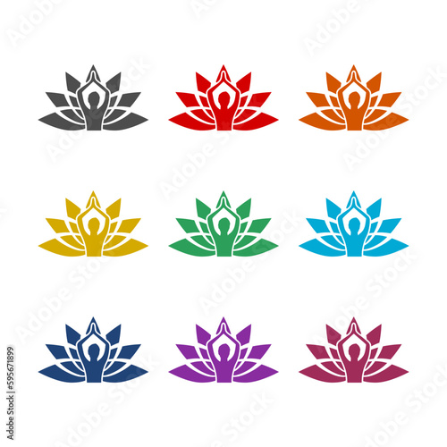 Lotus flower logo with woman silhouette icon isolated on white background. Set icons colorful