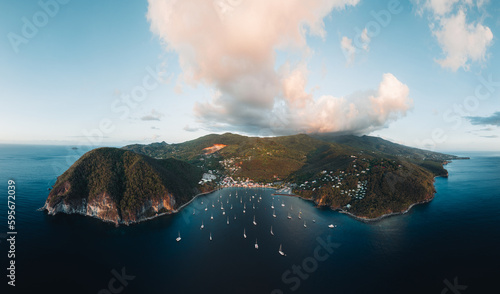 Aerial drone panorama of Lighthouse at Vieux-Fort, the southernmost point of Guadeloupe, Caribbean Sea