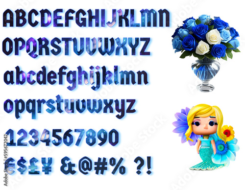 blue gothic style alphabet and numbers - flowers and little mermaid - ideal for website, email, presentation, decoration card, book, t-shirt, sweatshirt, label, sticker, book, notebook, printable -