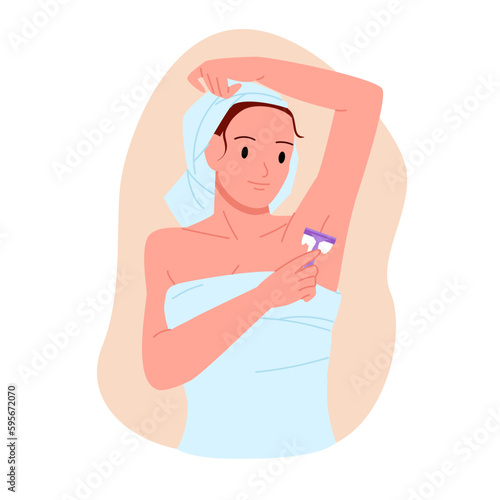 Woman shaving armpit, underarm hair removal infographic presentation vector illustration. Cartoon isolated portrait of girl holding razor with blades in hand to shave and care skin, hygiene procedure