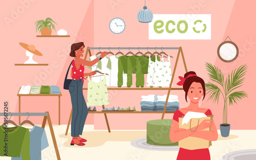 Eco fashion vector illustration. Cartoon woman holding shopping bag with eco friendly textile clothes of ethical sustainable brand, female characters choose outfit on hanger of trendy boutique