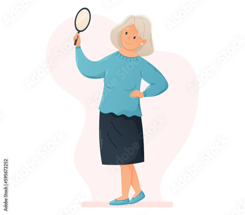 Cartoon Beautiful Old Woman looking at herself in a hand held round Mirror. Isolated Flat illustration of a standing Pensioner Grandmother.