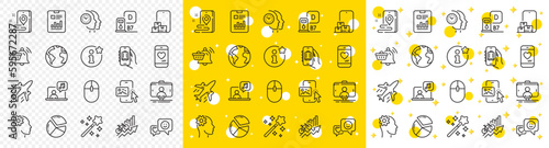 Outline Place, Plane and Love chat line icons pack for web with Magic wand, Phone image, Smile line icon. Online storage, Training results, Info pictogram icon. Baggage app, Pie chart. Vector