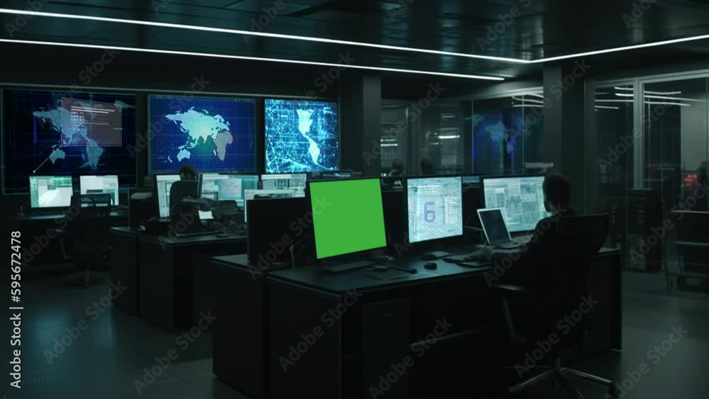 Silhouette of a professional IT programmer working in a data center on a desktop computer with three displays, developing software and hardware. Silhouette of a professional IT programmer working in a data center on a desktop computer with three displays, developing software and hardware.