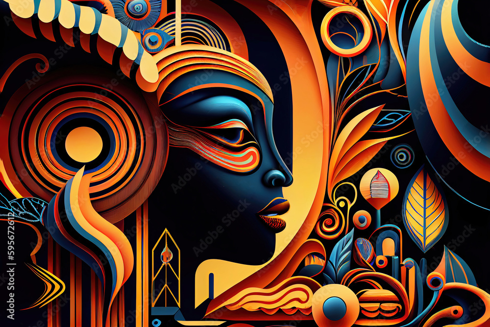 African woman in abstract futuristic wallpaper design (Generative AI)