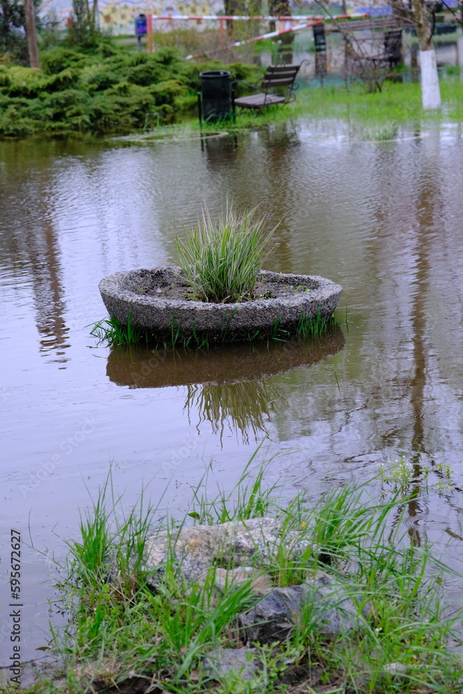 flooding of a city in Ukraine, a rise in the level in rivers