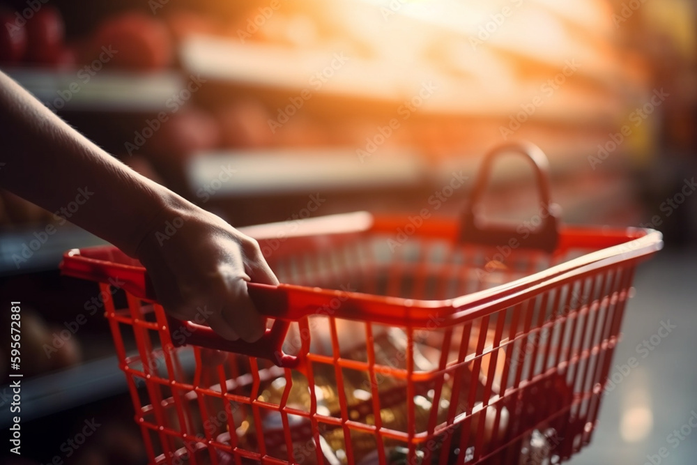 Shopping basket with Woman hand  Generative AI