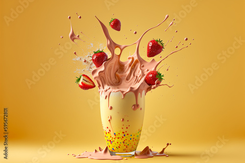 Strawberries fall into a glass with cream