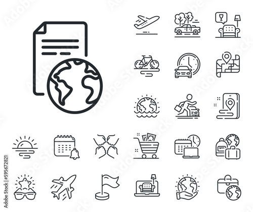 Translation service sign. Plane jet, travel map and baggage claim outline icons. Global business documents line icon. Internet marketing symbol. Translation service line sign. Vector