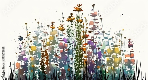 AI-generated illustration of an array of colorful wildflowers on a white background. MidJourney.