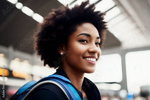 A bit smiling happy young tourist woman in the departure hall of a modern airport. Travel concept. Generative AI