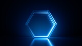 3d render, abstract minimalist background. Glowing blue neon honeycomb, blank hexagonal frame. Modern geometric wallpaper