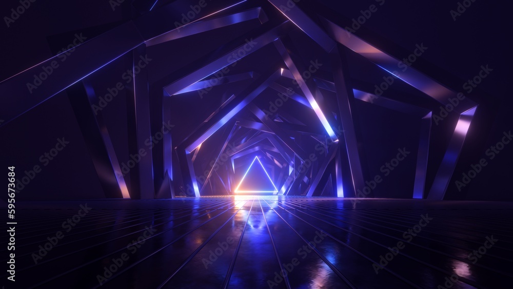 Naklejka premium 3d render, abstract geometric neon background with glowing triangular frame. Laser linear shape at the end of dark tunnel