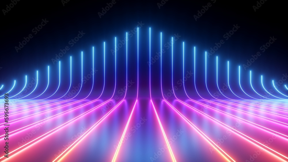 3d render, abstract minimal neon background, pink blue neon lines going up, glowing in ultraviolet spectrum. Cyber space. Laser show. Futuristic wallpaper - obrazy, fototapety, plakaty 
