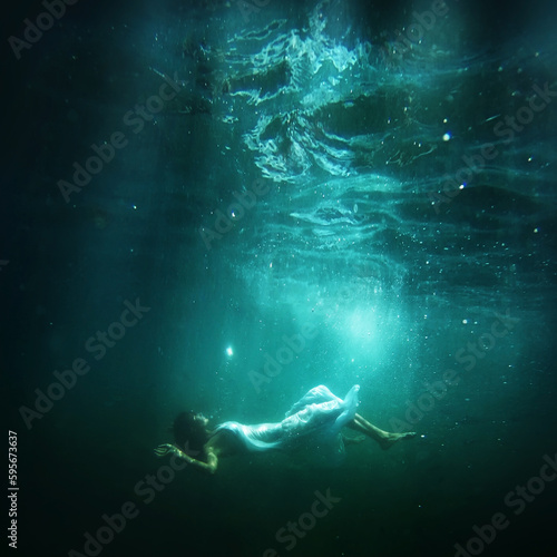 Woman floats underwater, dream fantasy