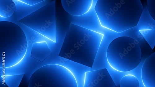Fototapeta Naklejka Na Ścianę i Meble -  3d render, abstract blue neon background. Assorted geometric linear shapes glowing in the dark. Minimalist wallpaper