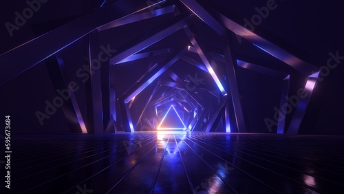 Fototapeta Naklejka Na Ścianę i Meble -  3d render, abstract geometric neon background with glowing triangular frame. Laser linear shape at the end of dark tunnel