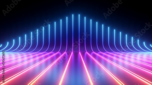 Valokuva 3d render, abstract minimal neon background, pink blue neon lines going up, glowing in ultraviolet spectrum