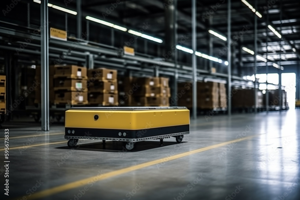 parcel package on autonomous Robotic transportation or Automated guided vehicle systems operating transfer box in automated warehouse. Generative AI