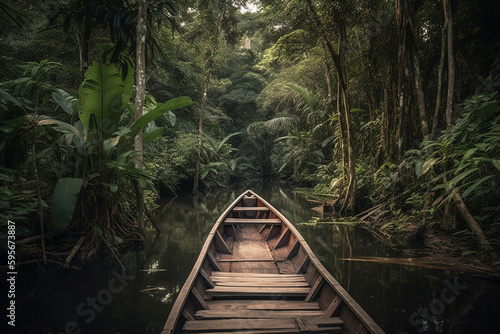 adventure, on a wooden raft along a river, in the jungle. fictional place. Generative AI