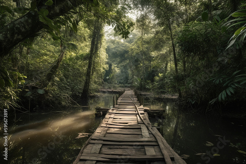 a wooden small bridge along a river  in the jungle. fictional place. Generative AI