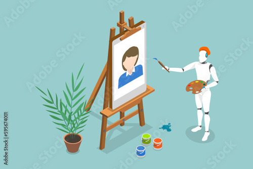 3D Isometric Flat Vector Conceptual Illustration of Artificial Intelligence Generating Artwork, AI Painter