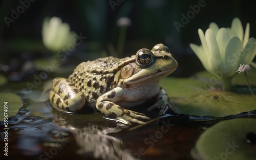 A frog or toad sits on a lily pad in a pond swamp background rainforest frog Generative AI