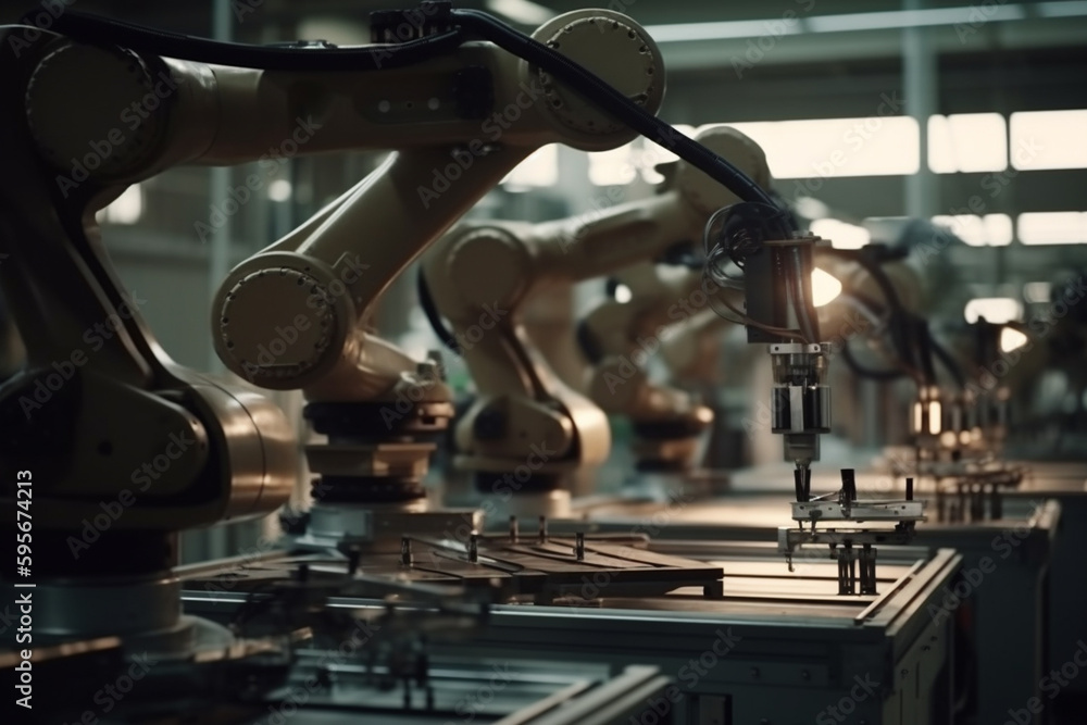 Fototapeta premium robotic arms for autonomous manufacturing in production line, fictional product, artificial intelligence production and manufacturing. Generative AI